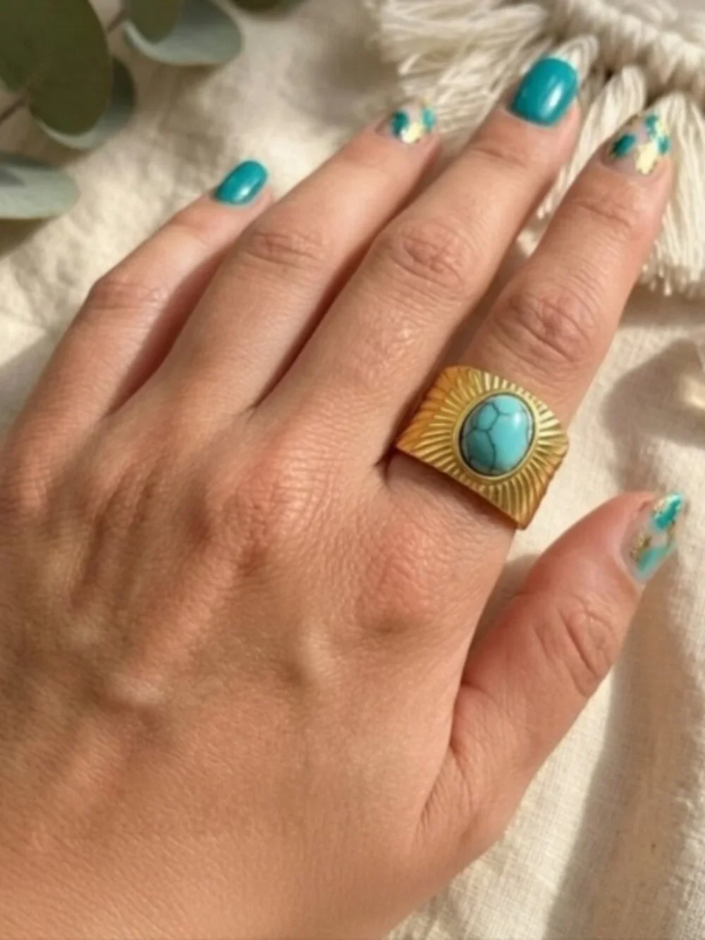 Turquoise Sunburst Wide Band Adjustable Ring 14K Gold Plated Boho Western 7-9